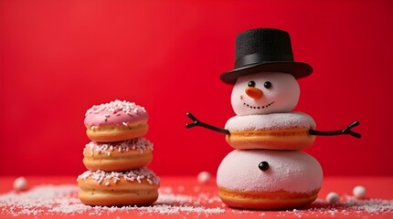 Snowman made by donuts.Wearing black hat is standing on red background for christmas celebration.


