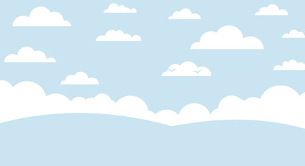 Minimalist Landscape Illustration with Hills Clouds and Birds in a Blue Sky