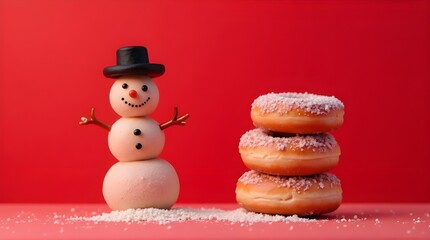 Snowman made by donuts.Wearing black hat is standing on red background for christmas celebration.


