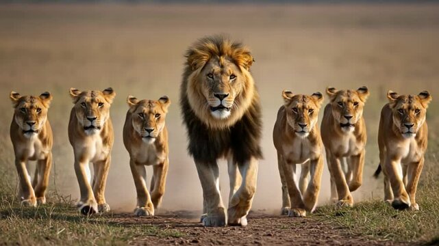 Group of Lions Walking Together Across African Savanna in Natural Light