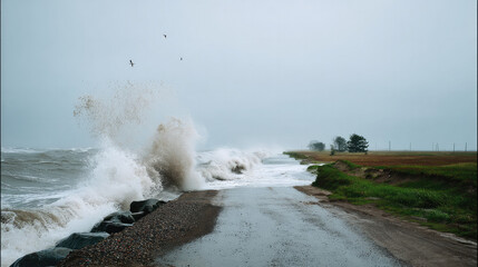 Coastal Storm Surge: Capturing the raw power and drama of a storm surge as waves crash over a coastal road. Witness the untamed force of nature in this captivating scene.