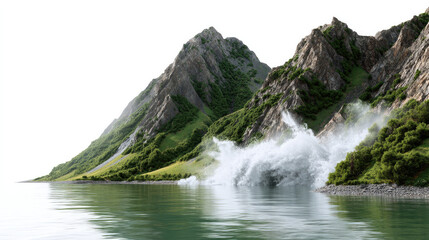 Crashing Waters: High cliffs border a lake and witness the magnificent power of water hitting the lake