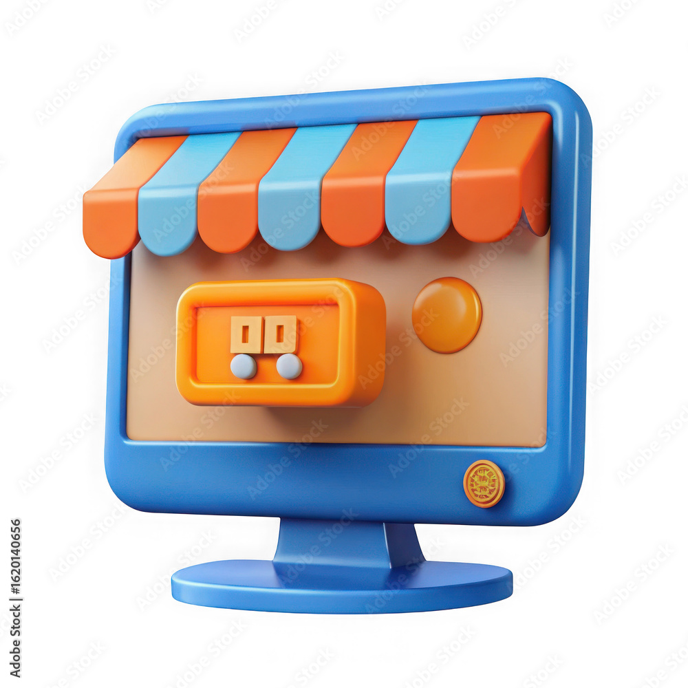 Poster 3d cartoon computer monitor displaying an online storefront isolated on transparent background