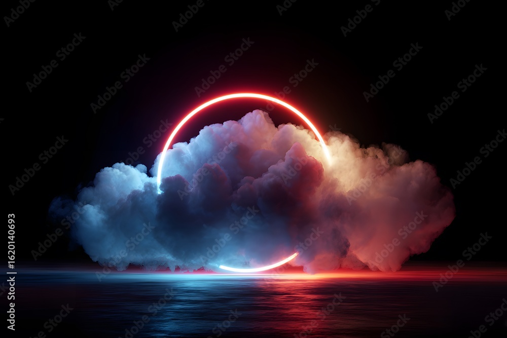 Poster an abstract cloud illuminated with a neon light ring on a dark background, glowing with a colorful, 