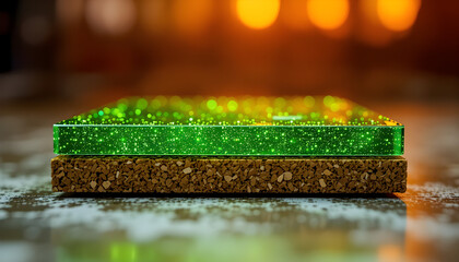 Close-Up of Green Transparent Resin Glass Sheet with Sparkling Glitter Texture on Cork Surface