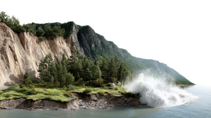 Landslide by the Sea: A dramatic scene unfolds as earth and debris cascade into the ocean, sculpting the rugged coastal environment. Capturing both the power of nature and the geological transition.