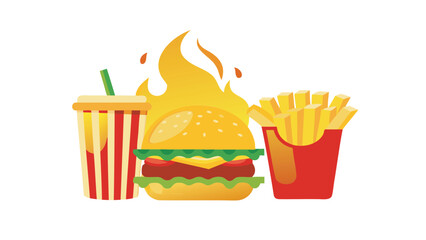 Illustration of a burger with flames, a drink with a straw, and a box of french fries together nicely