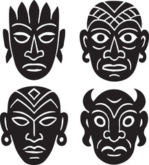 A set of isolated black and white theater masks depicting comedy and tragedy