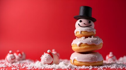 Snowman made by donuts.Wearing black hat is standing on red background for christmas celebration.


