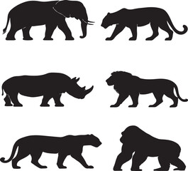A diverse collection of wild and farm animal vector silhouettes, including elephants, bears, lions, horses, and pigs