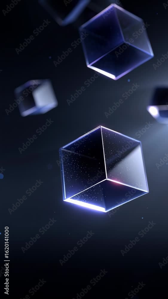 Poster exploring abstract isometric illustration of glowing cubes in a dynamic environment