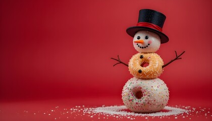 Snowman made by donuts.Wearing black hat is standing on red background for christmas celebration.


