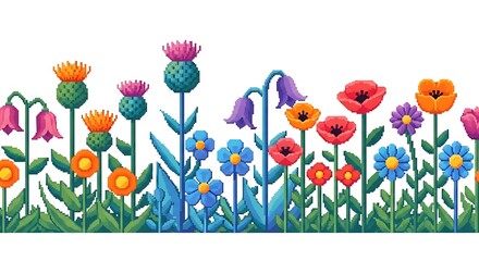 Pixel Art Flower Garden Displaying a Variety of Colorful Blooms and Leafy Greenery on a White Background Illustrating Nostalgic Gaming Style