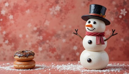Snowman made by donuts.Wearing black hat is standing on red background for christmas celebration.


