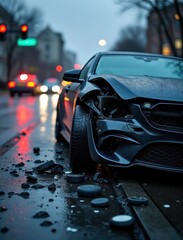 Car Accident on Wet City Street: Road Collision