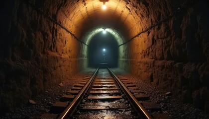 Underground tunnel with railway tracks, illuminated by hanging bulbs. Rough textured walls lined with chains lead into darkness. Represents exploration, military history, and archaeological discovery.