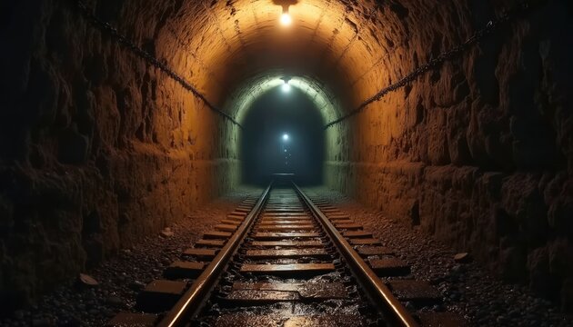 Underground tunnel with railway tracks, illuminated by hanging bulbs. Rough textured walls lined with chains lead into darkness. Represents exploration, military history, and archaeological discovery.