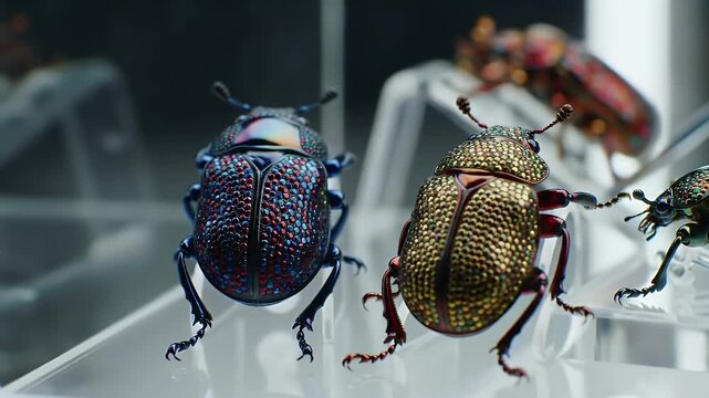 Iridescent Jewel Beetles Close Up Display on Transparent Surface