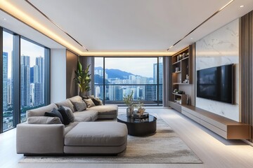 Modern living room with stunning city view at dusk