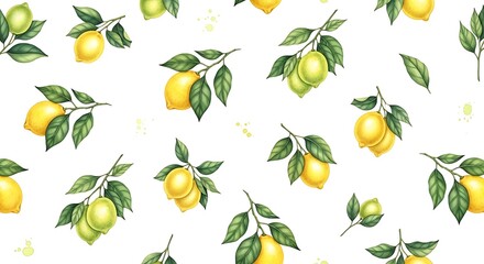 Seamless Pattern of Watercolor Lemons with Green Leaves on White Background for Textile Prints and Digital Paper