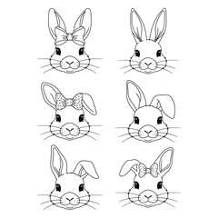 Cute Cartoon Rabbit Faces with Bows, Perfect for Coloring Books or Printable