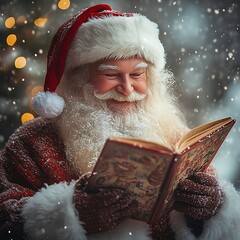 Santa claus reading a book with a smile during a snowy winter christmas photo