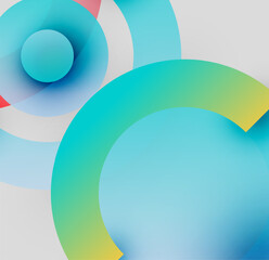 Abstract circles overlap, creating vibrant gradients. Blue, green, yellow hues dominate composition. Minimalist design, modern aesthetic.