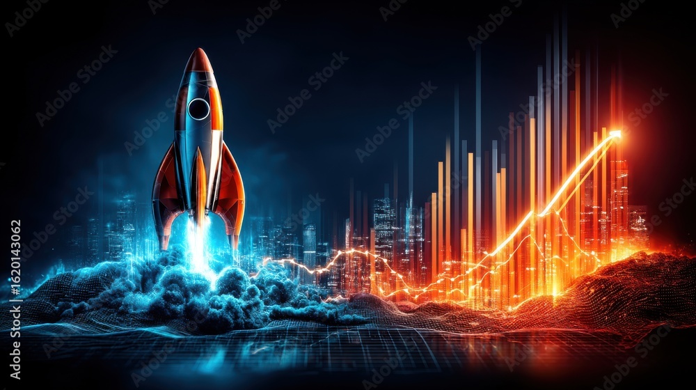 Aufkleber a powerful rocket soaring into the night sky surrounded by a dynamic cityscape and data visualizatio