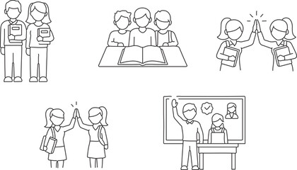 
A diverse collection of minimalist outline icons, covering various education and school-related themes, including school buses, pencils, backpacks, books, graduation caps,