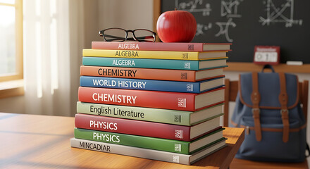 A stack of textbooks with an apple and glasses in a classroom setting on a wooden table top view back to school ai generated
