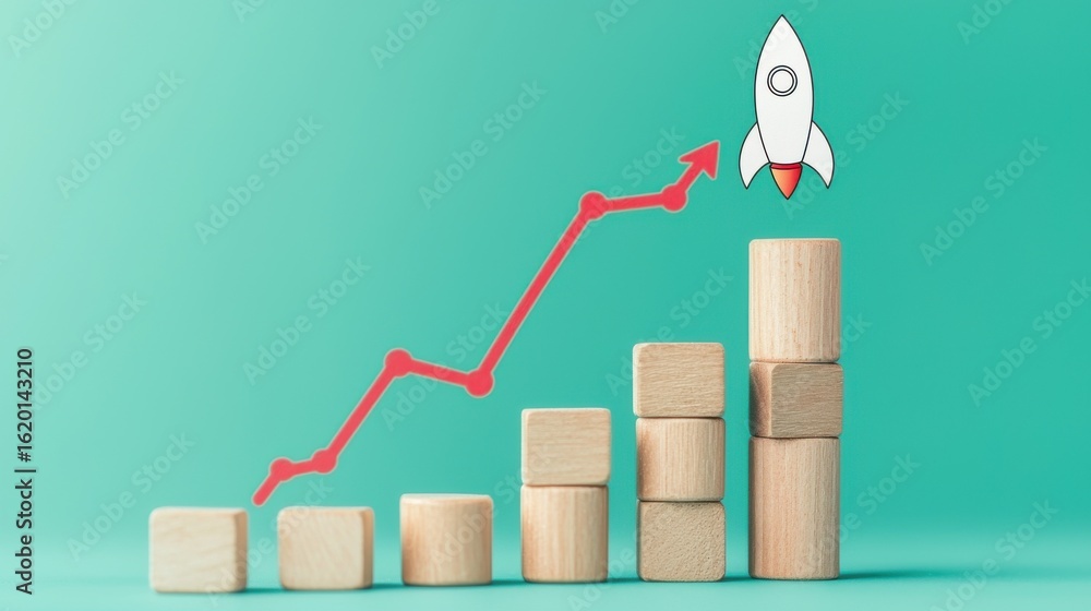 Poster wooden blocks stacked as a graph with a rocket on top representing the upward trajectory of a succes