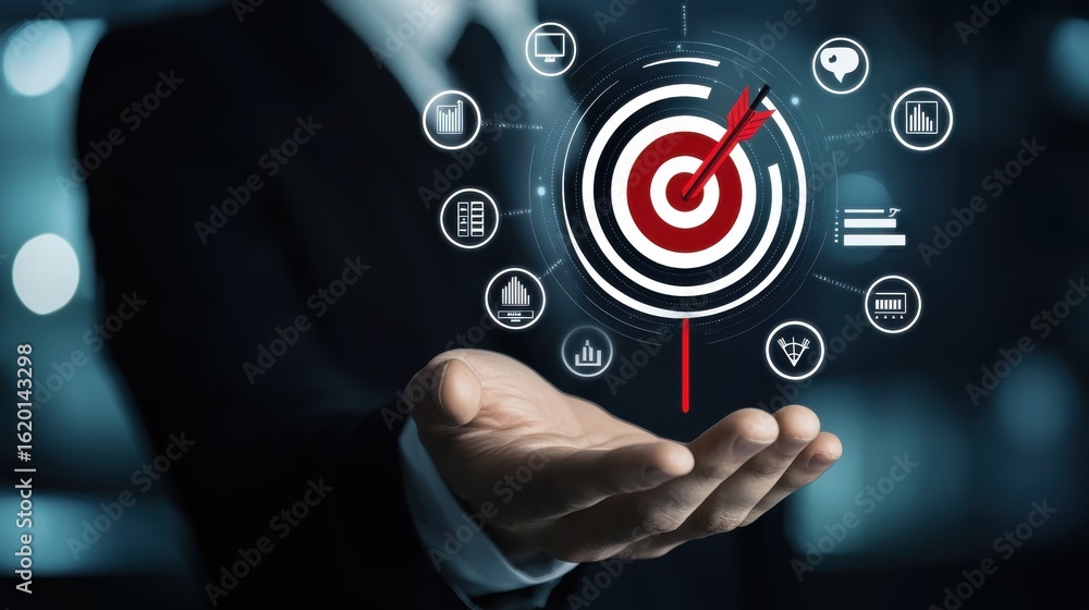 Poster holding a digital target icon symbolizing the focus planning and optimization needed to achieve busi