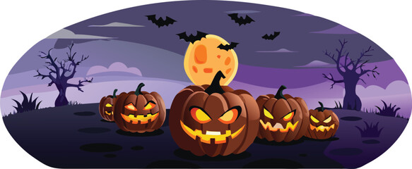Spooky Halloween night with a dark tree silhouette, flying bats, and a scary pumpkin illustration perfect for an October celebration