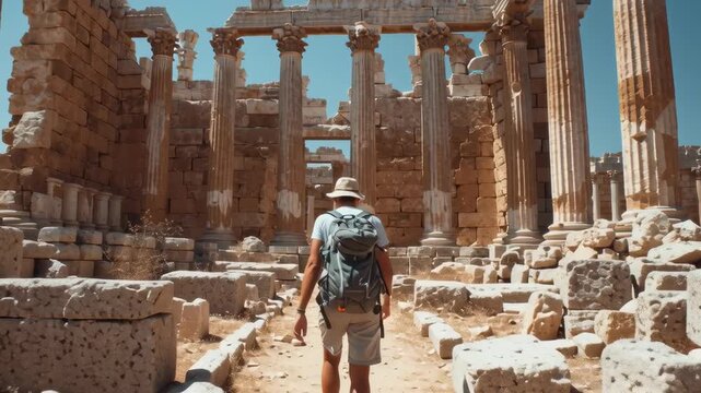Backpacker Exploring Ancient Ruins During Travel Vlog in Sunny Destination