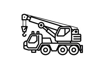 Naklejka premium Black Outline Crane Truck Construction Vehicle Isolated on White Background, Vector Illustration