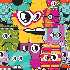 Seamless vector pattern featuring colorful cartoon monster faces with quirky expressions and zipper details. Fun and playful design, ideal for children’s products, textiles, wrapping paper, 