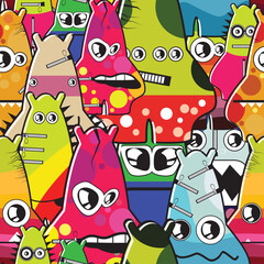 Seamless vector pattern featuring colorful cartoon monster faces with quirky expressions and zipper details. Fun and playful design, ideal for children’s products, textiles, wrapping paper, 