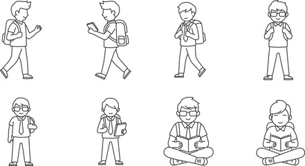 
A comprehensive set of minimalist outline icons, covering various education and school-related themes, including students, teachers, books, classrooms, and school activities, all in a clean,