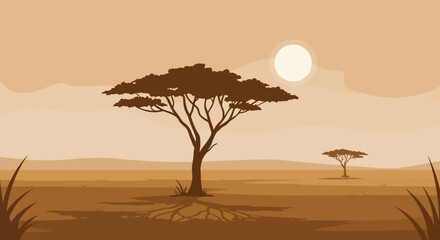 Fototapeta premium African Savannah Landscape with Acacia Tree Silhouette and Sun in Sepia Tones