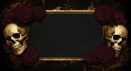 Black frame adorned with golden skulls and deep red roses. Gothic backdrop with elegant gold accents. Halloween day design for invitation and party.