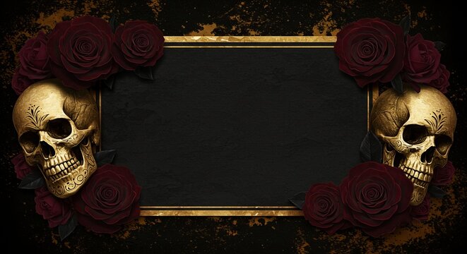 Black frame adorned with golden skulls and deep red roses. Gothic backdrop with elegant gold accents. Halloween day design for invitation and party. - Powered by Adobe