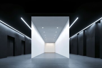 Modern, minimalist hallway with white walls and dark gray accents