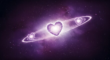 Three hearts in a ring formation floating in a purple galaxy with sparkling stars and nebula clouds