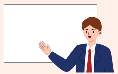 Business man presenting on a board. Office worker. Solution and communication for discussing and illustration