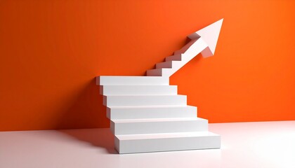 A scene where a white staircase points up from left to right and finally turns into a 3D arrow