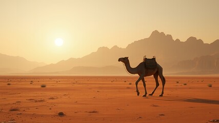 A camel walking in the desert with mountains and the sun in the background during sunset time scene