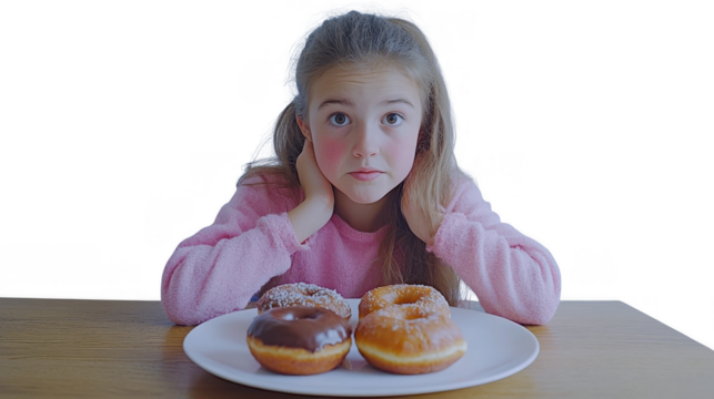 Young girl sits at a table with three donuts, showing a thoughtful expression in a bright environment