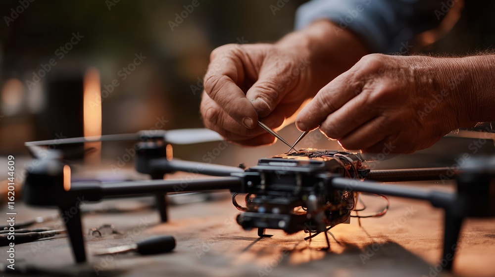 Aufkleber technician repairs a drone using precision tools in a workshop during late evening hours