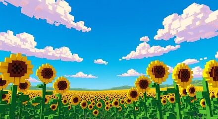 Voxel Art Sunflowers in a Vibrant Field under a Clear Blue Sky with Fluffy Clouds Pixelated Summer Landscape