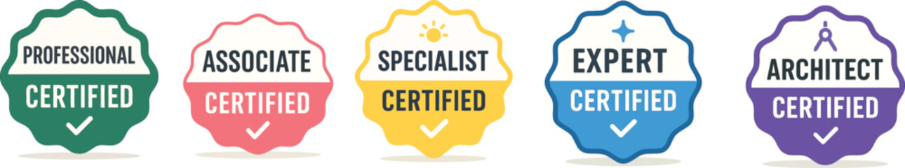 Certified Badge Icons for Professional, Associate, Specialist, Expert, Architect – Vector Design Set